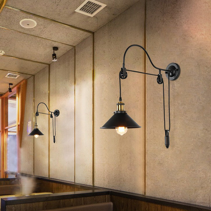 Retro Industrial Wrought Iron Pulley Wall Sconce Lamp - Vintage Lighting Fixture