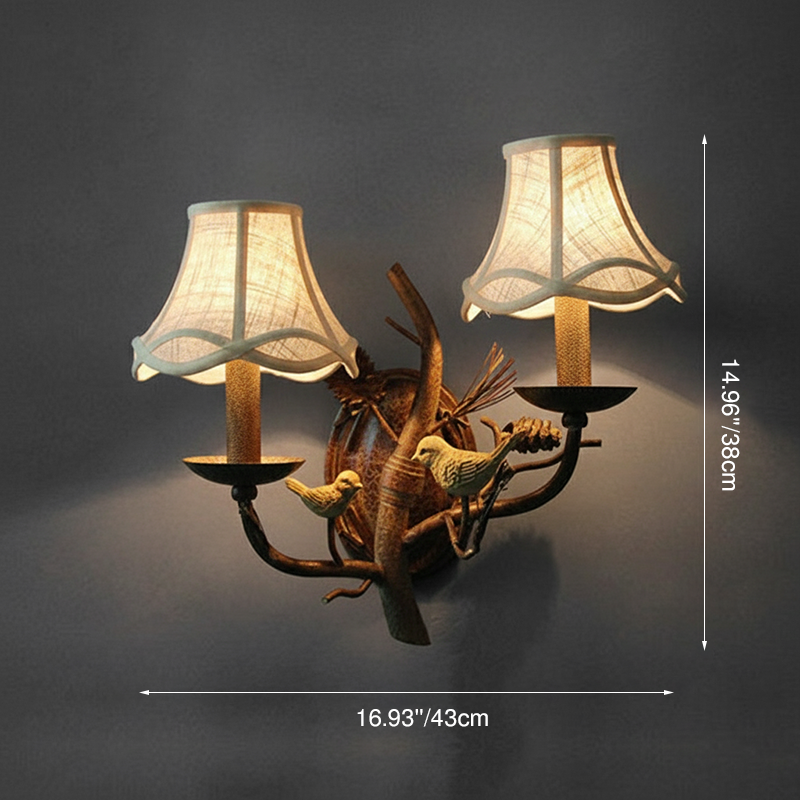 Vintage Fabric Bird Pinecone Resin Wall Sconce Lamp 1/2 Light
