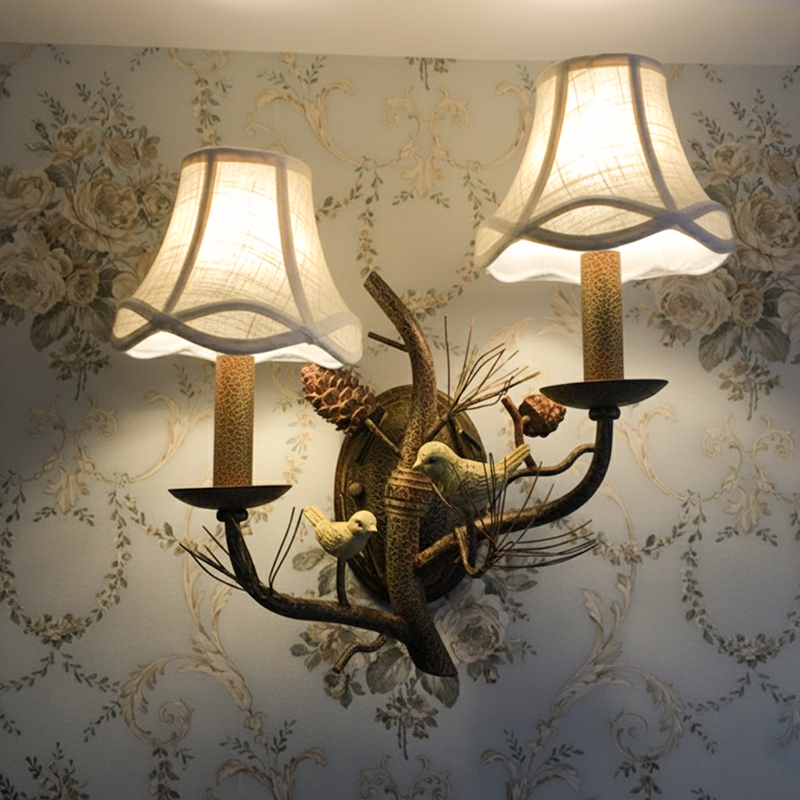 Vintage Fabric Bird Pinecone Resin Wall Sconce Lamp 1/2 Light