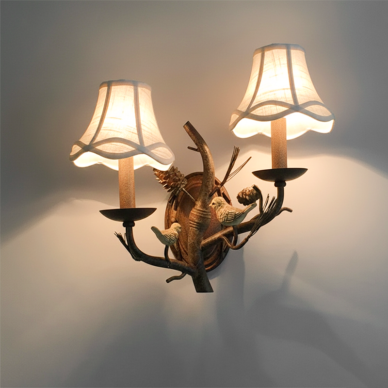 Vintage Fabric Bird Pinecone Resin Wall Sconce Lamp 1/2 Light