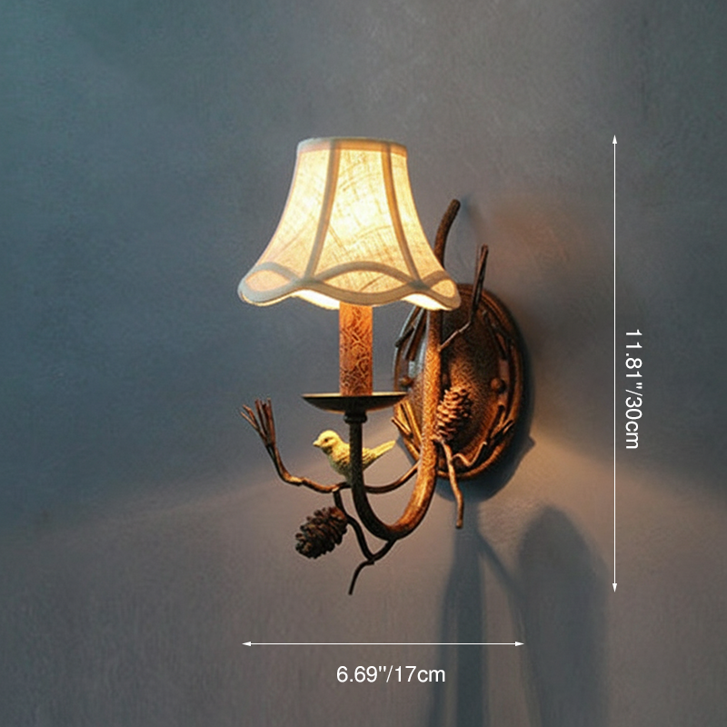Vintage Fabric Bird Pinecone Resin Wall Sconce Lamp 1/2 Light