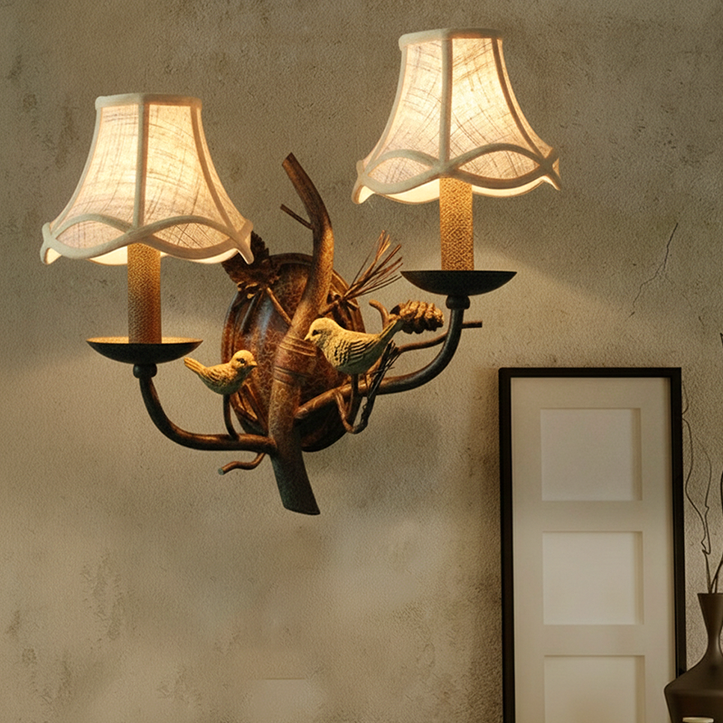 Vintage Fabric Bird Pinecone Resin Wall Sconce Lamp 1/2 Light