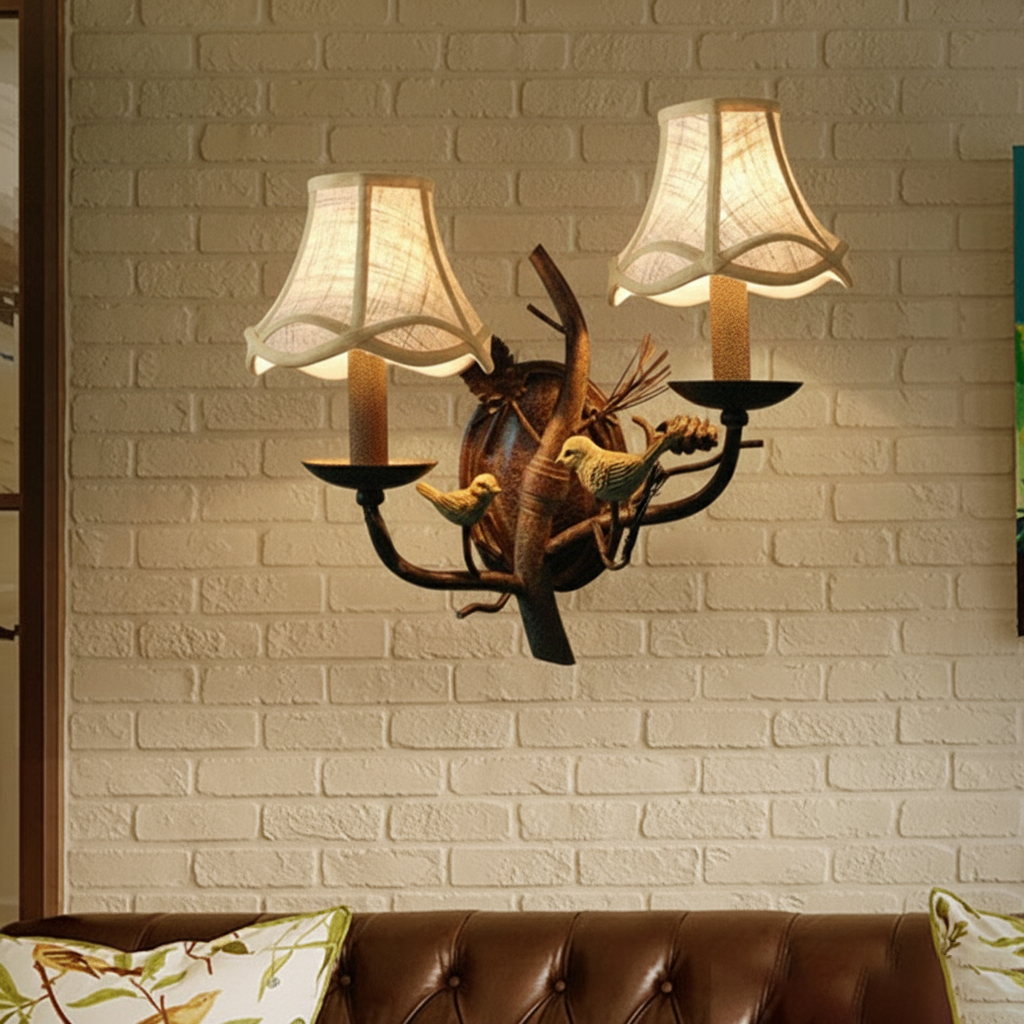 Vintage Fabric Bird Pinecone Resin Wall Sconce Lamp 1/2 Light