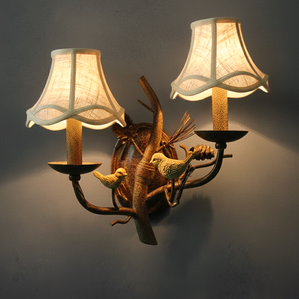 Vintage Fabric Bird Pinecone Resin Wall Sconce Lamp 1/2 Light