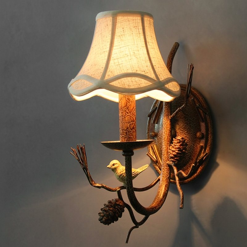 Vintage Fabric Bird Pinecone Resin Wall Sconce Lamp 1/2 Light