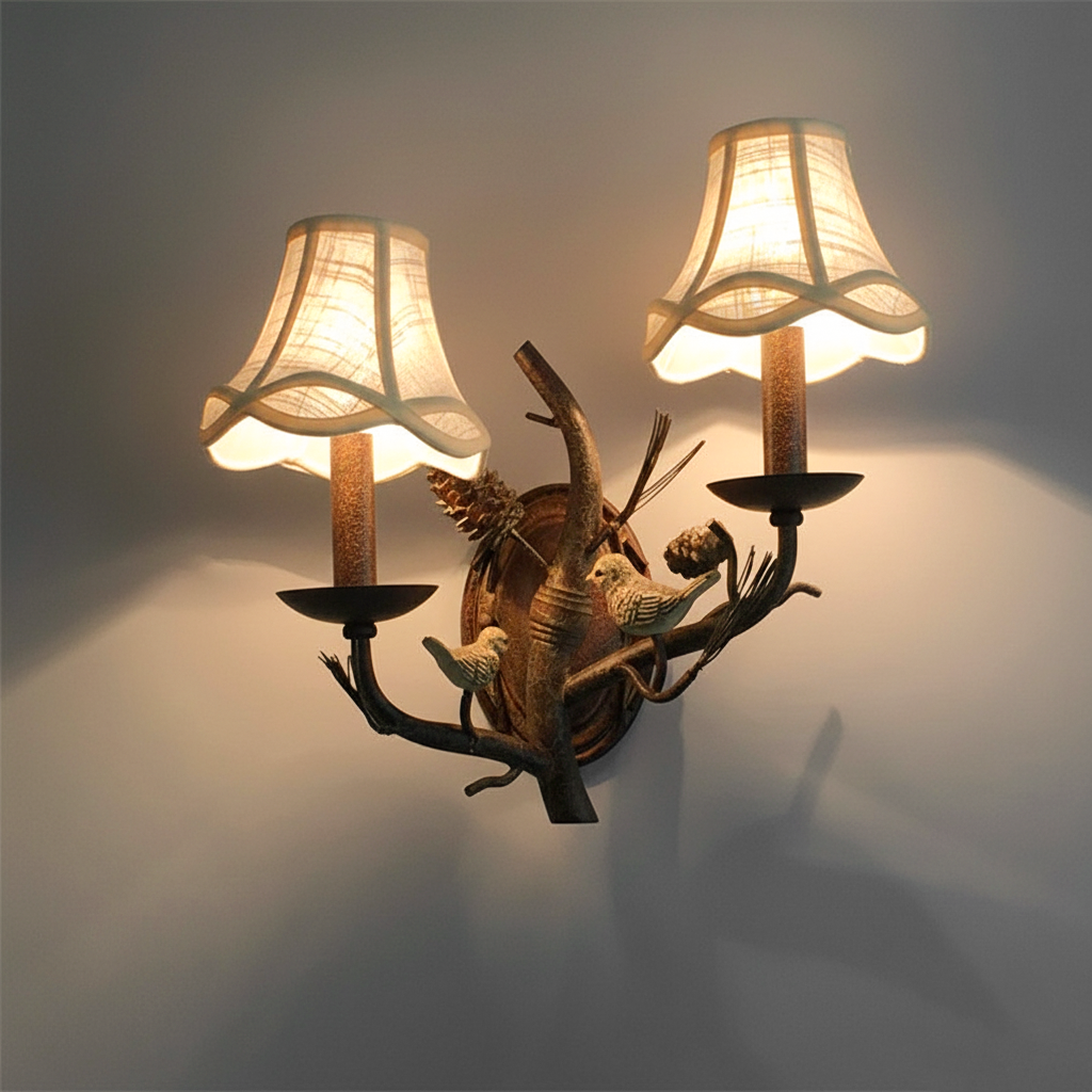Vintage Fabric Bird Pinecone Resin Wall Sconce Lamp 1/2 Light