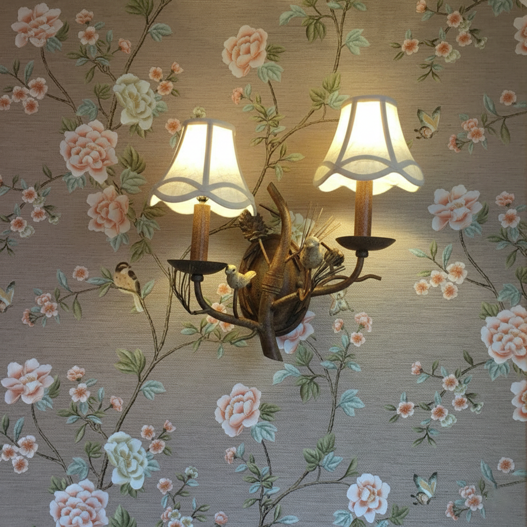 Vintage Fabric Bird Pinecone Resin Wall Sconce Lamp 1/2 Light