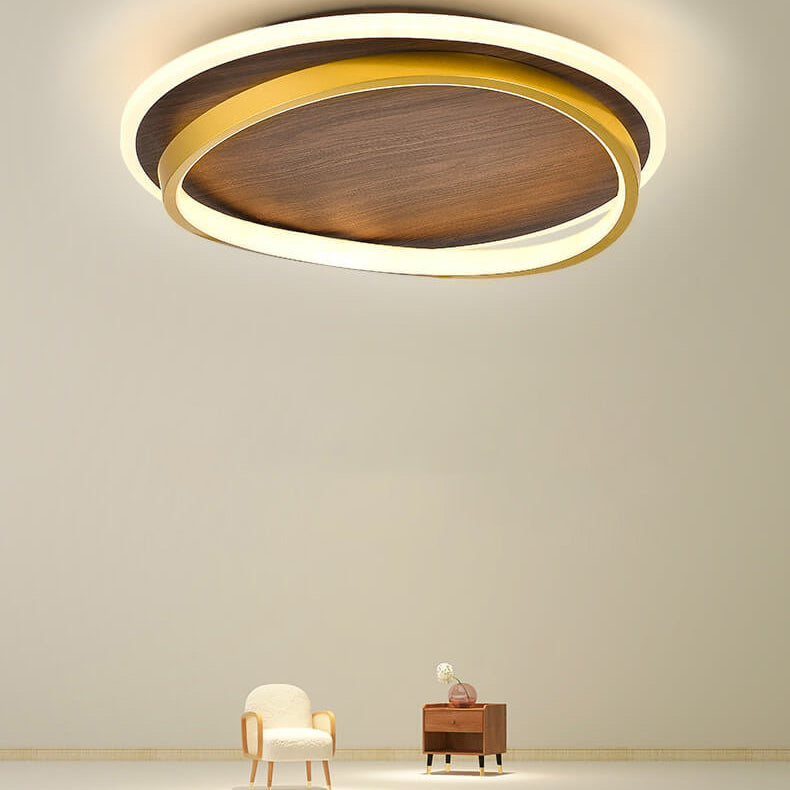 Nordic Minimalist Circular Walnut Grain LED Flush Mount Light