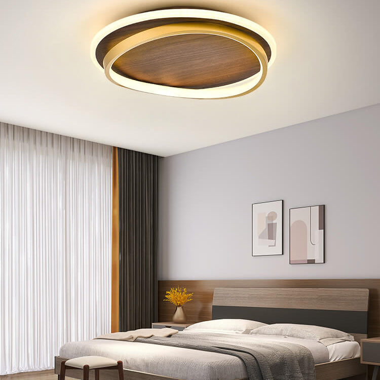 Nordic Minimalist Circular Walnut Grain LED Flush Mount Light