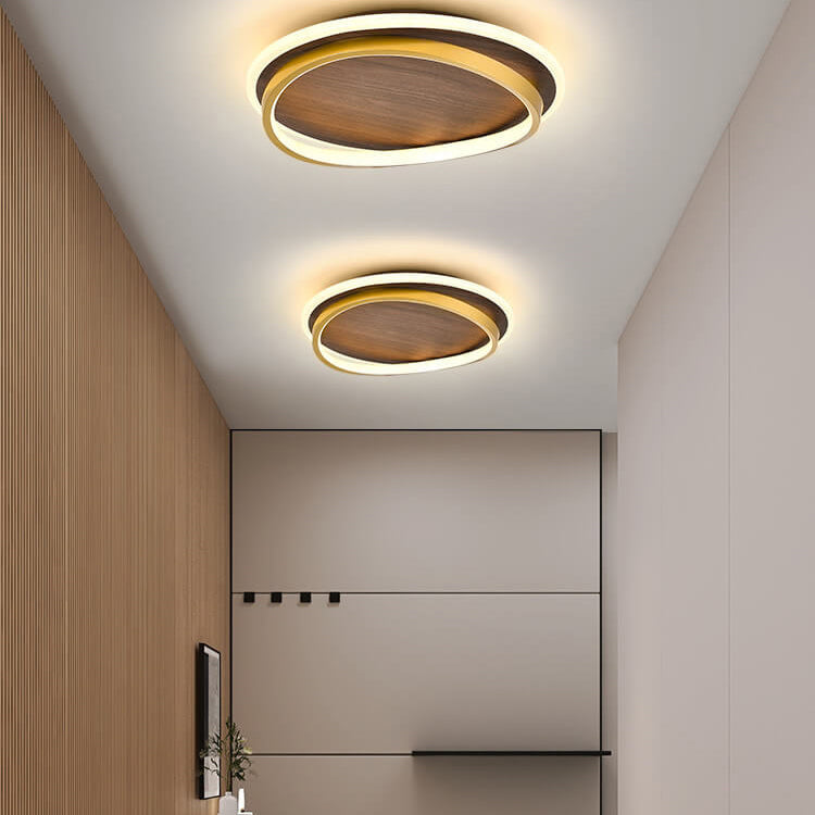 Nordic Minimalist Circular Walnut Grain LED Flush Mount Light