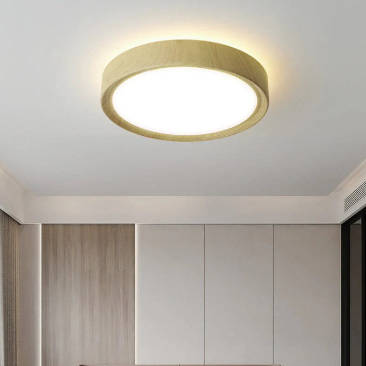 Modern Wood Grain Round Iron LED Flush Mount Ceiling Light