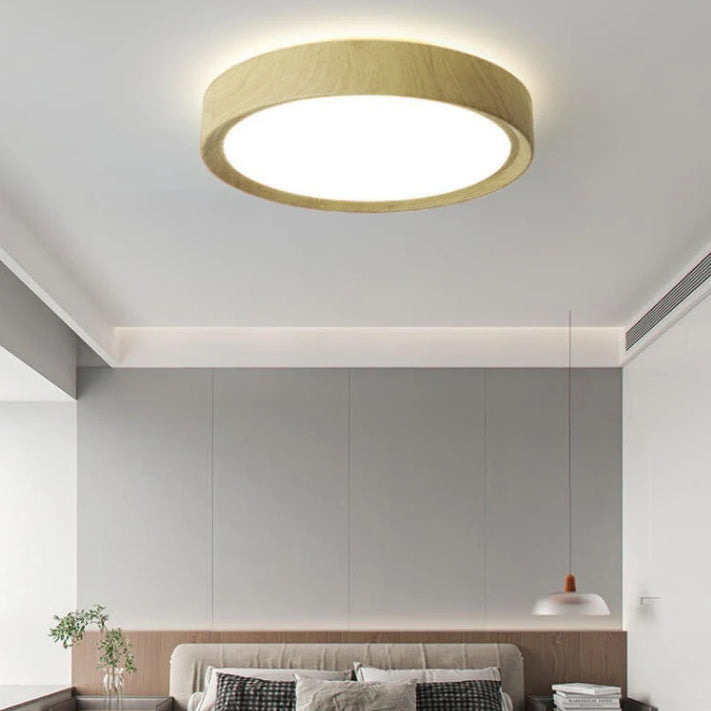 Modern Wood Grain Round Iron LED Flush Mount Ceiling Light