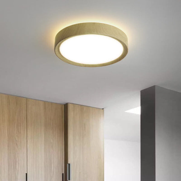 Modern Wood Grain Round Iron LED Flush Mount Ceiling Light