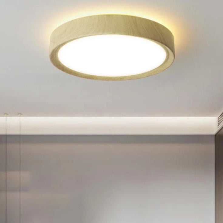 Modern Wood Grain Round Iron LED Flush Mount Ceiling Light