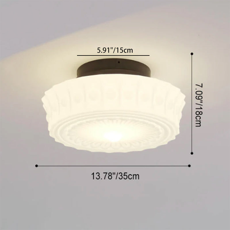 Traditional French Iron Glass Stripes Drum LED Semi-Flush Mount Ceiling Light for Living Room & Bedroom