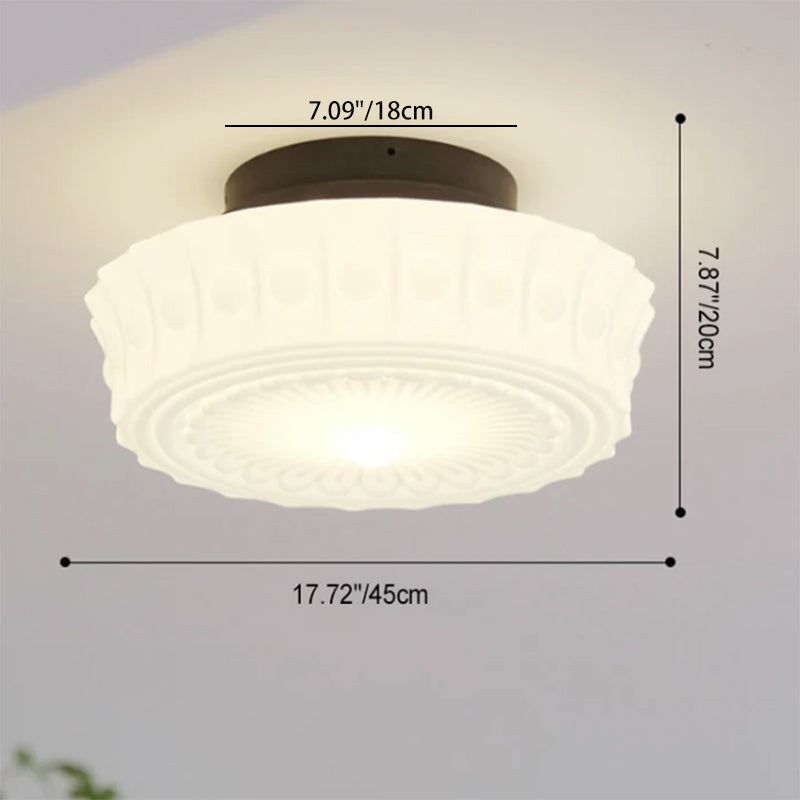 Traditional French Iron Glass Striped Round Drum LED Ceiling Light for Living Room & Bedroom