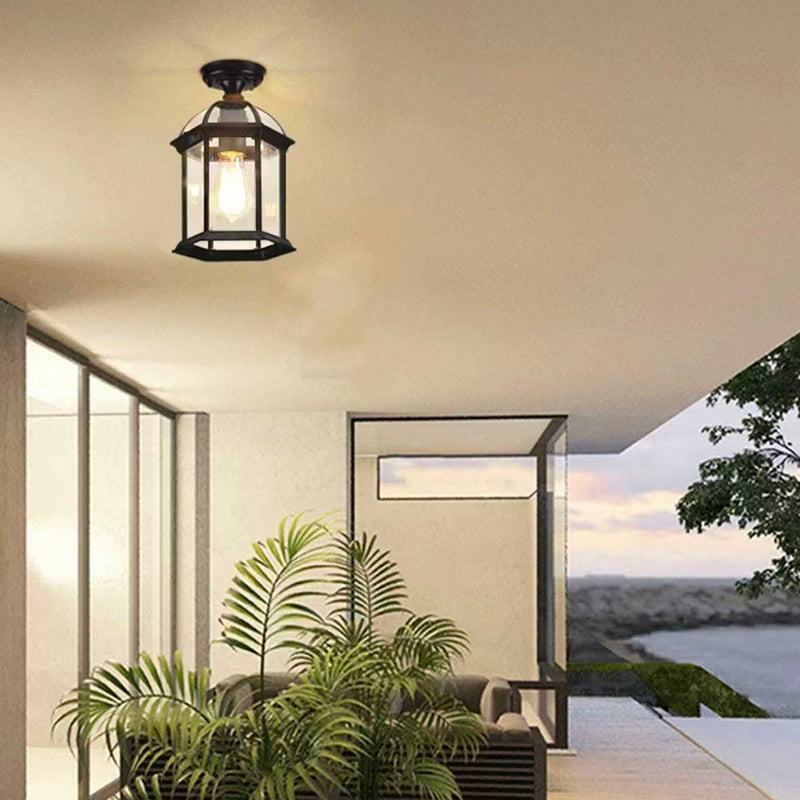Traditional Outdoor Hexagonal Waterproof Lantern - 1-Light Semi-Flush Mount Ceiling Fixture