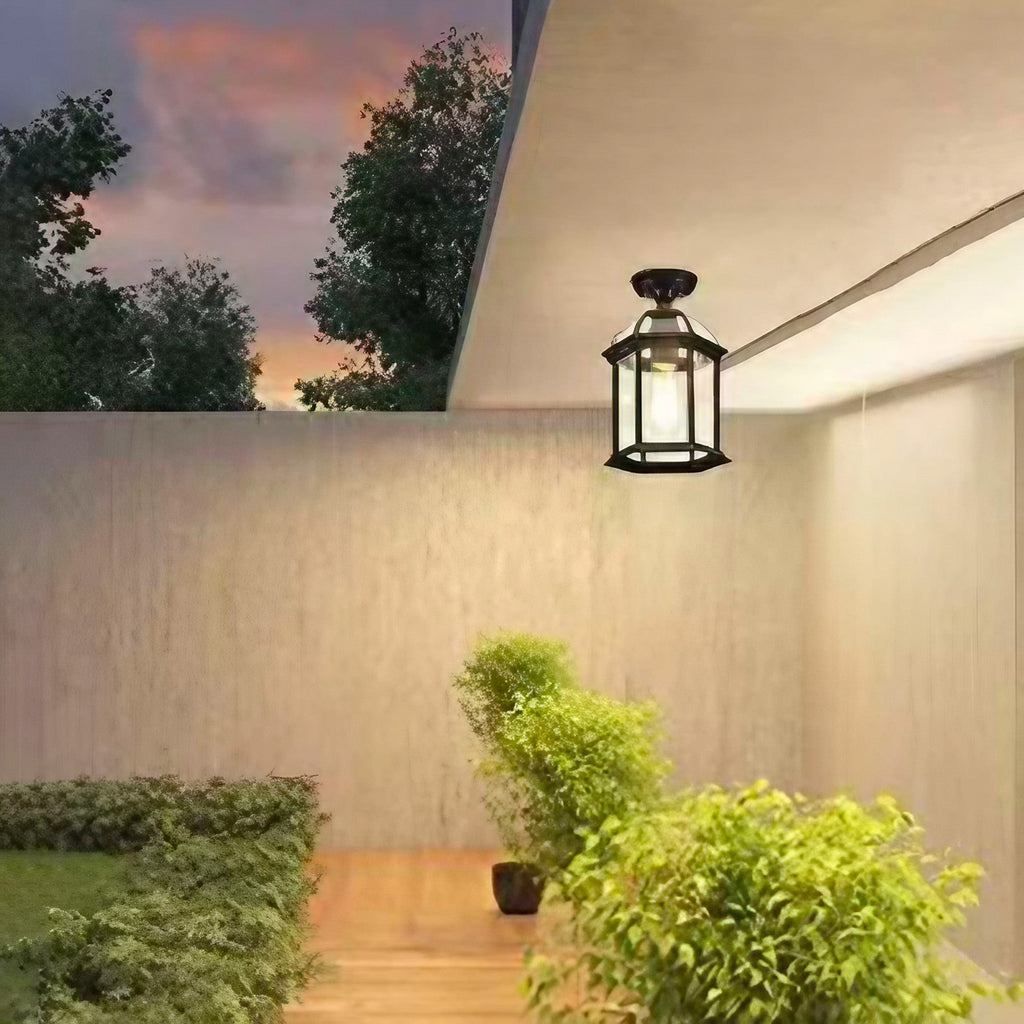 Traditional Outdoor Hexagonal Waterproof Lantern - 1-Light Semi-Flush Mount Ceiling Fixture