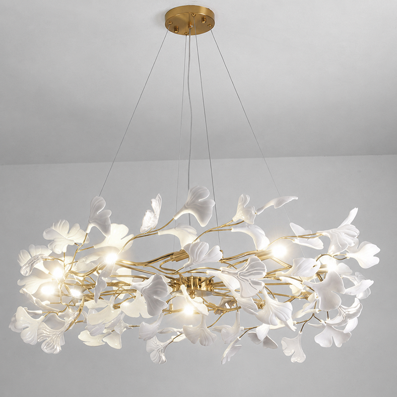 Ginkgo Leaf Linear Iron Ceramic Chandelier - 6/8/10/12 Light for Bedroom & Dining Room
