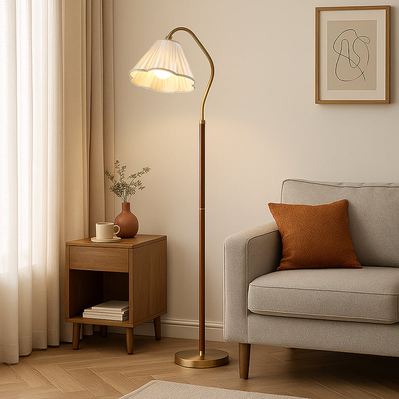 Japanese Vintage Flower Wooden Iron Fabric Floor Lamp 1-Light