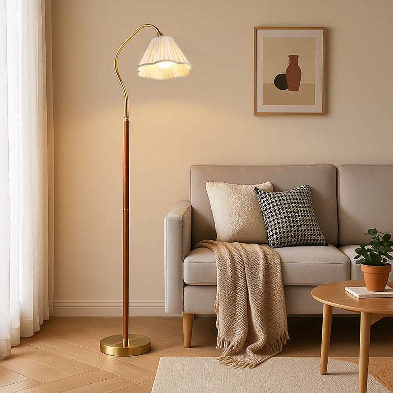 Japanese Vintage Flower Floor Lamp - Solid Wood, Iron, Fabric, 1-Light Design