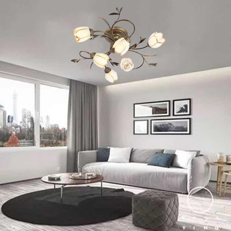 Traditional French Flower Shaped Iron Glass Semi-Flush Mount Ceiling Light for Bedroom - 4/6/8/10/12 Lights