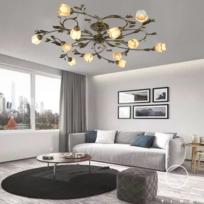 Traditional French Flower Shaped Iron Glass Semi-Flush Mount Ceiling Light for Bedroom - 4/6/8/10/12 Lights