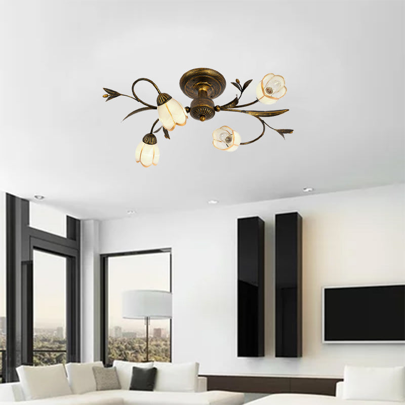 Traditional French Flower Shaped Iron Glass Semi-Flush Mount Ceiling Light for Bedroom - 4/6/8/10/12 Lights