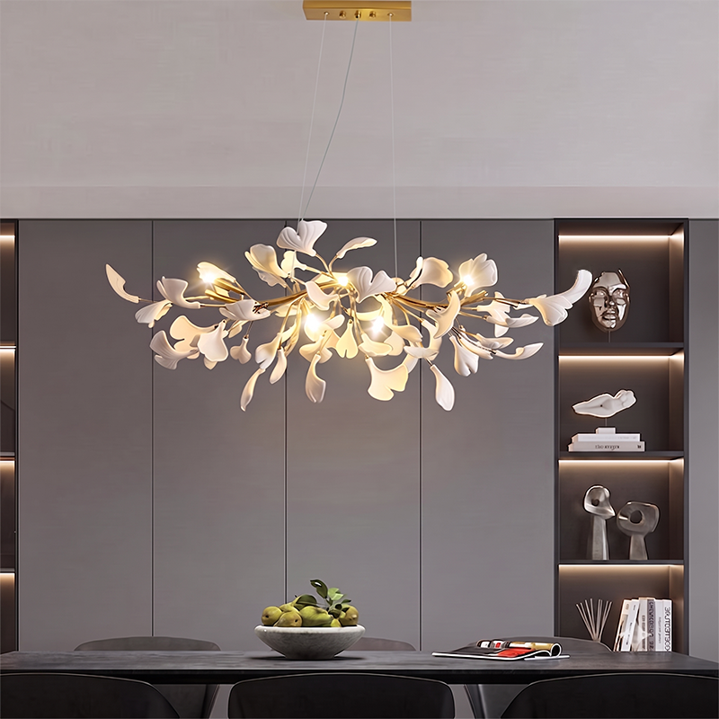 Ginkgo Leaf Linear Iron Ceramic Chandelier - 6/8/10/12 Light for Bedroom & Dining Room