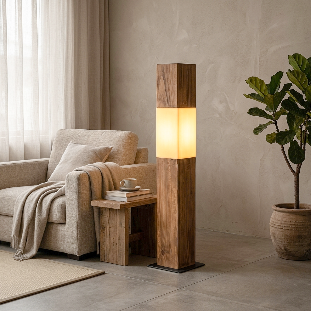 Vintage Solid Wood Iron LED Floor Lamp - Distressed Fabric Pillar Design for Living Room
