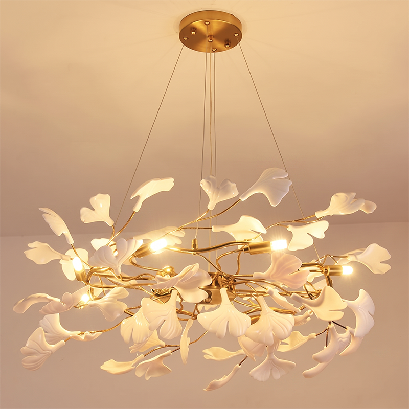 Ginkgo Leaf Linear Iron Ceramic Chandelier - 6/8/10/12 Light for Bedroom & Dining Room