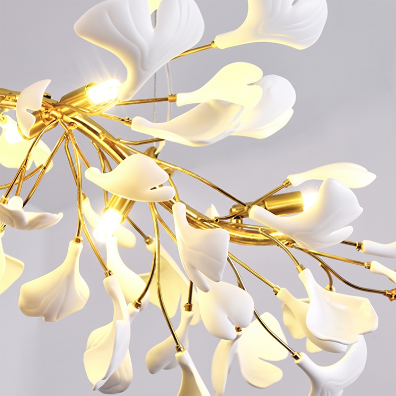 Ginkgo Leaf Linear Iron Ceramic Chandelier - 6/8/10/12 Light for Bedroom & Dining Room