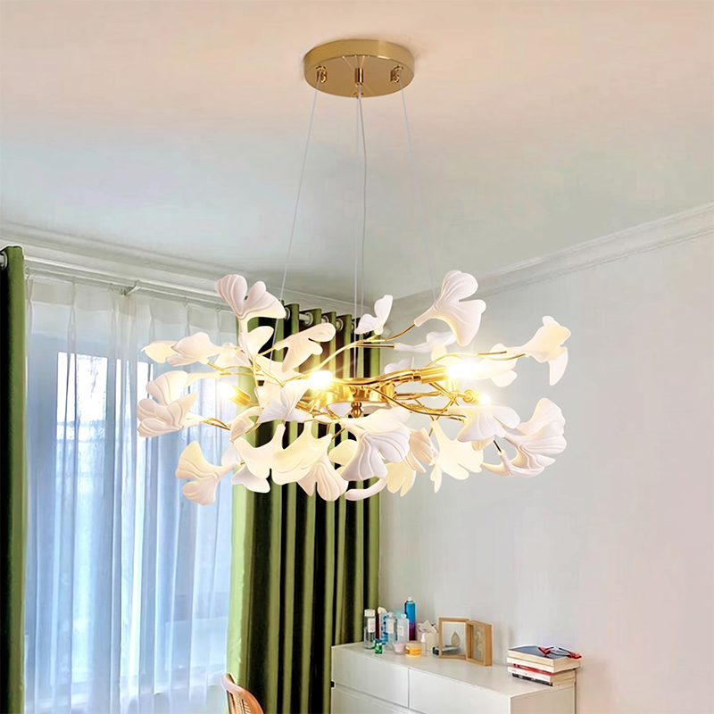 Ginkgo Leaf Linear Iron Ceramic Chandelier - 6/8/10/12 Light for Bedroom & Dining Room
