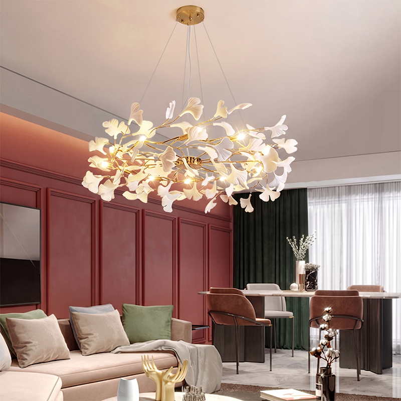 Ginkgo Leaf Linear Iron Ceramic Chandelier - 6/8/10/12 Light for Bedroom & Dining Room