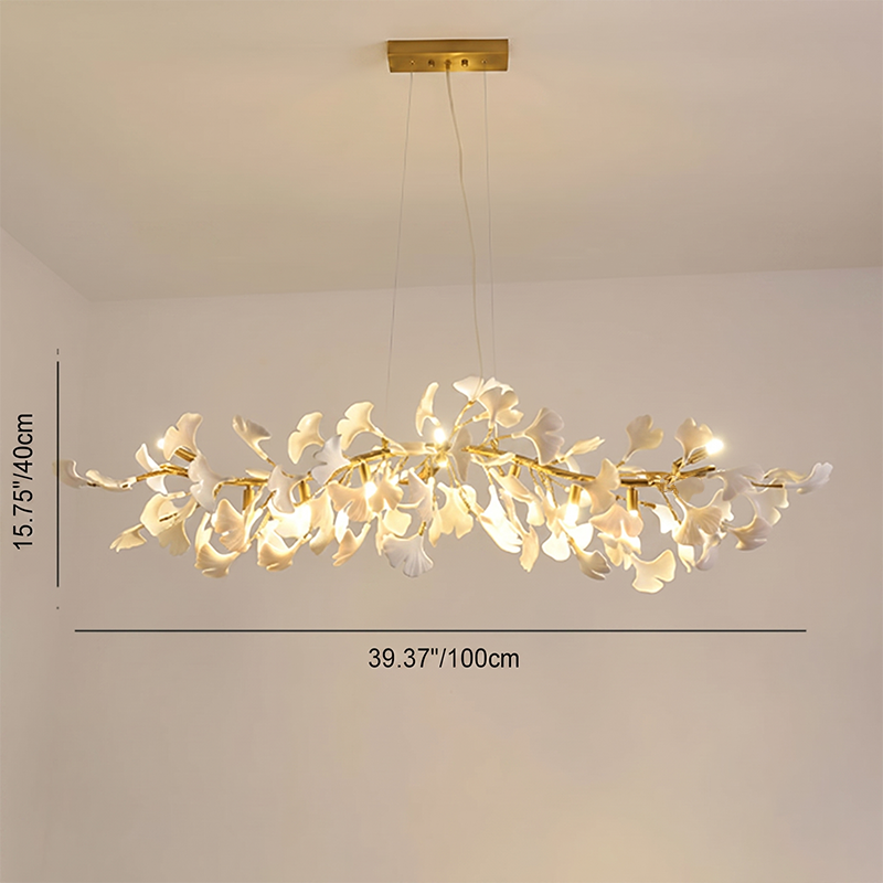 Ginkgo Leaf Linear Iron Ceramic Chandelier - 6/8/10/12 Light for Bedroom & Dining Room