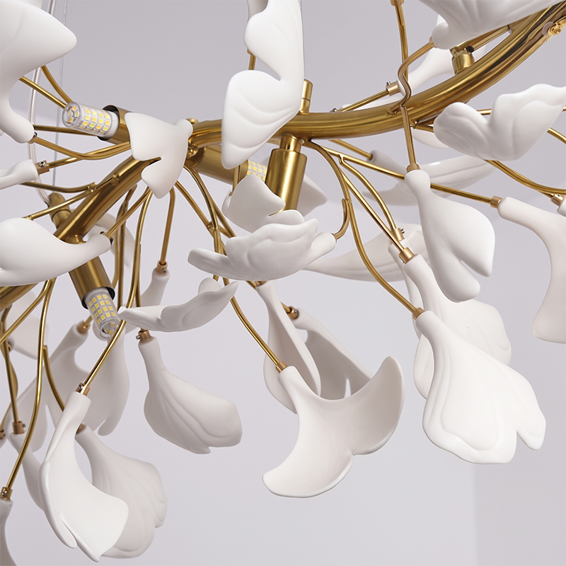 Ginkgo Leaf Linear Iron Ceramic Chandelier - 6/8/10/12 Light for Bedroom & Dining Room