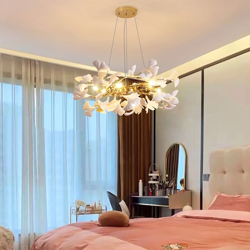 Ginkgo Leaf Linear Iron Ceramic Chandelier - 6/8/10/12 Light for Bedroom & Dining Room