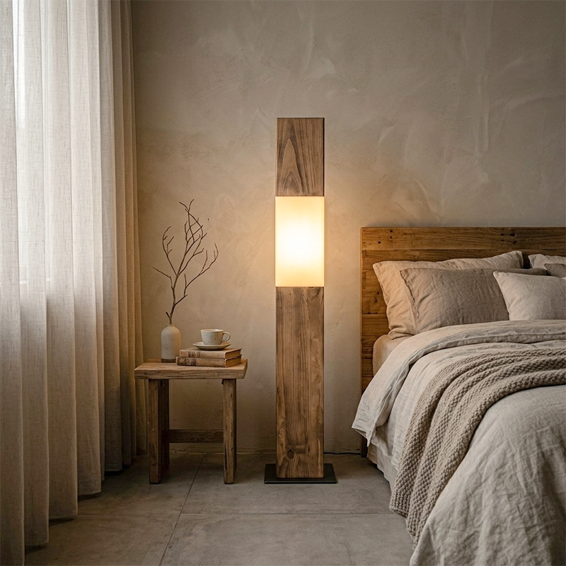 Vintage Solid Wood Iron LED Floor Lamp - Distressed Fabric Pillar Design for Living Room