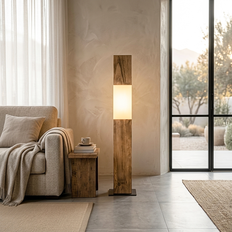 Vintage Solid Wood Iron LED Floor Lamp - Distressed Fabric Pillar Design for Living Room