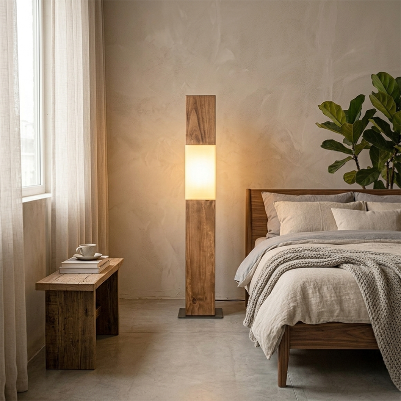 Vintage Solid Wood Iron LED Floor Lamp - Distressed Fabric Pillar Design for Living Room