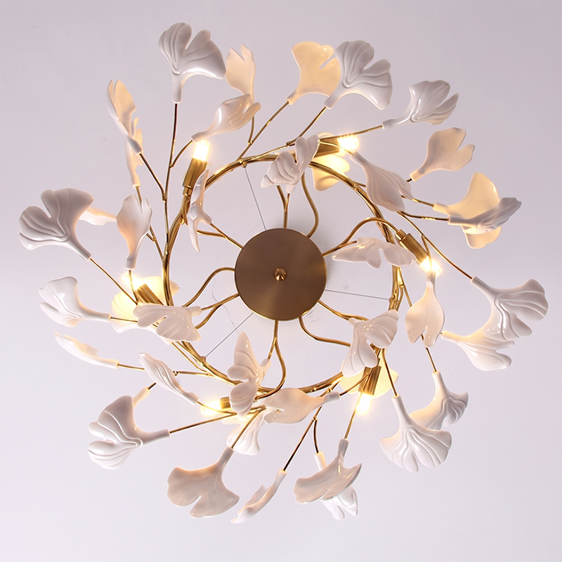 Ginkgo Leaf Linear Iron Ceramic Chandelier - 6/8/10/12 Light for Bedroom & Dining Room