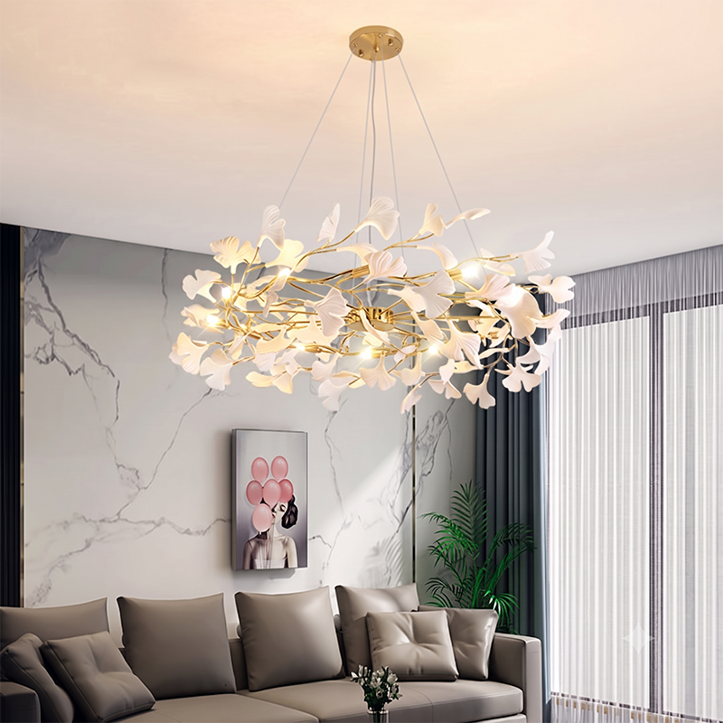 Ginkgo Leaf Linear Iron Ceramic Chandelier - 6/8/10/12 Light for Bedroom & Dining Room