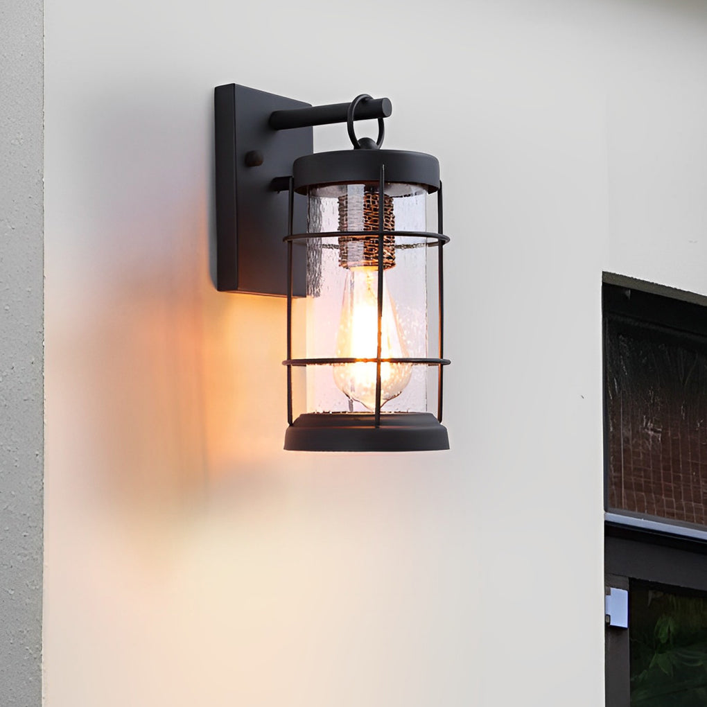 Waterproof Black Retro Rustic Iron Glass Lantern Exterior Wall Light