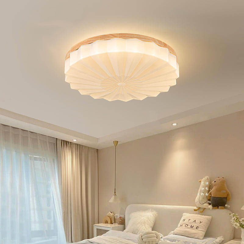 Japanese Minimalist Round Wood Acrylic LED Flush Mount Light