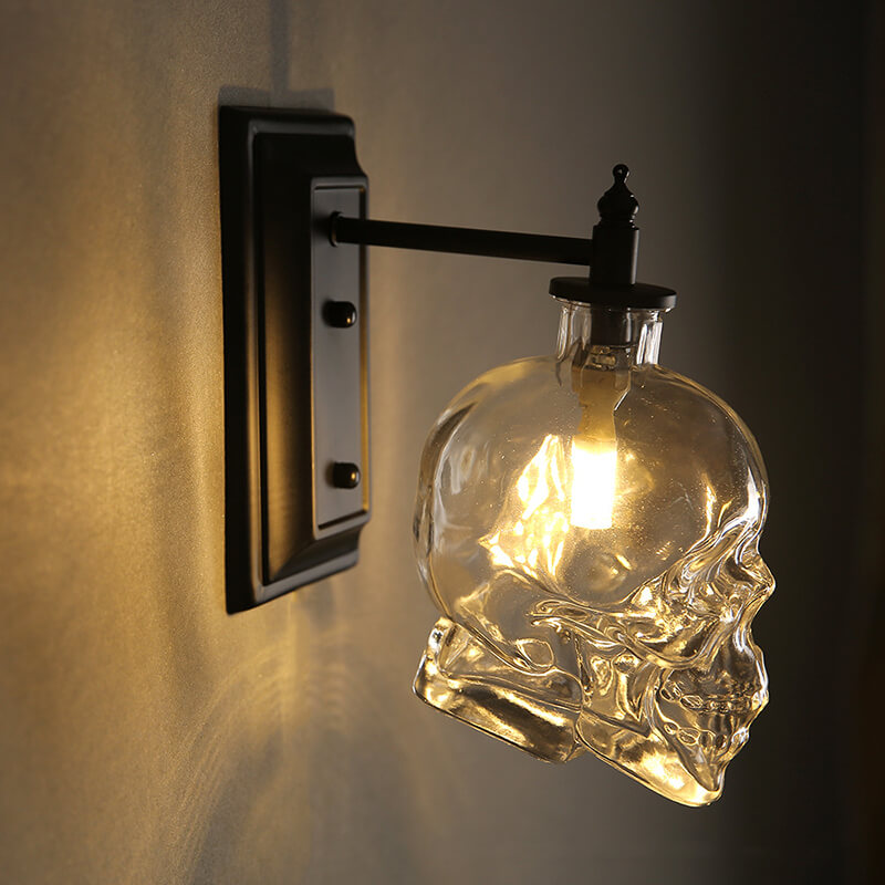 Contemporary Skull Glass Iron Wall Sconce - 1-Light Halloween Lamp for Living Room