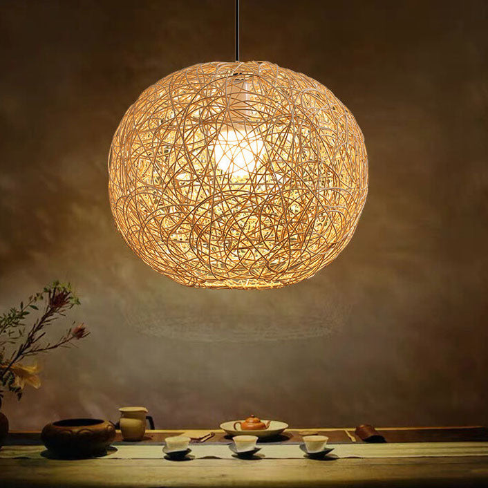 Rattan Weaving Beige Globe Pendant Light 1-Light Fixture