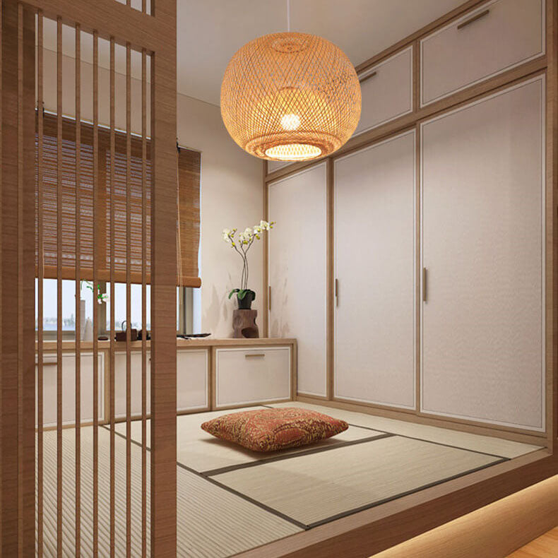 Bamboo Weaving Round Ball Beige Japanese Pendant Light - 1-Light Modern Hanging Fixture