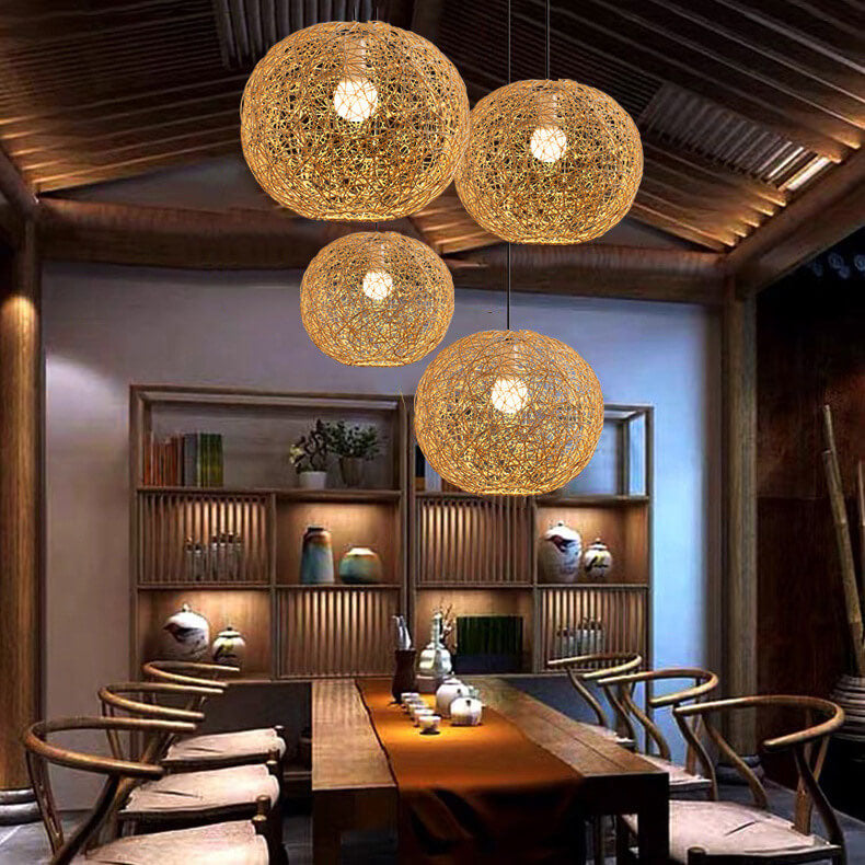 Rattan Weaving Beige Globe Pendant Light 1-Light Fixture