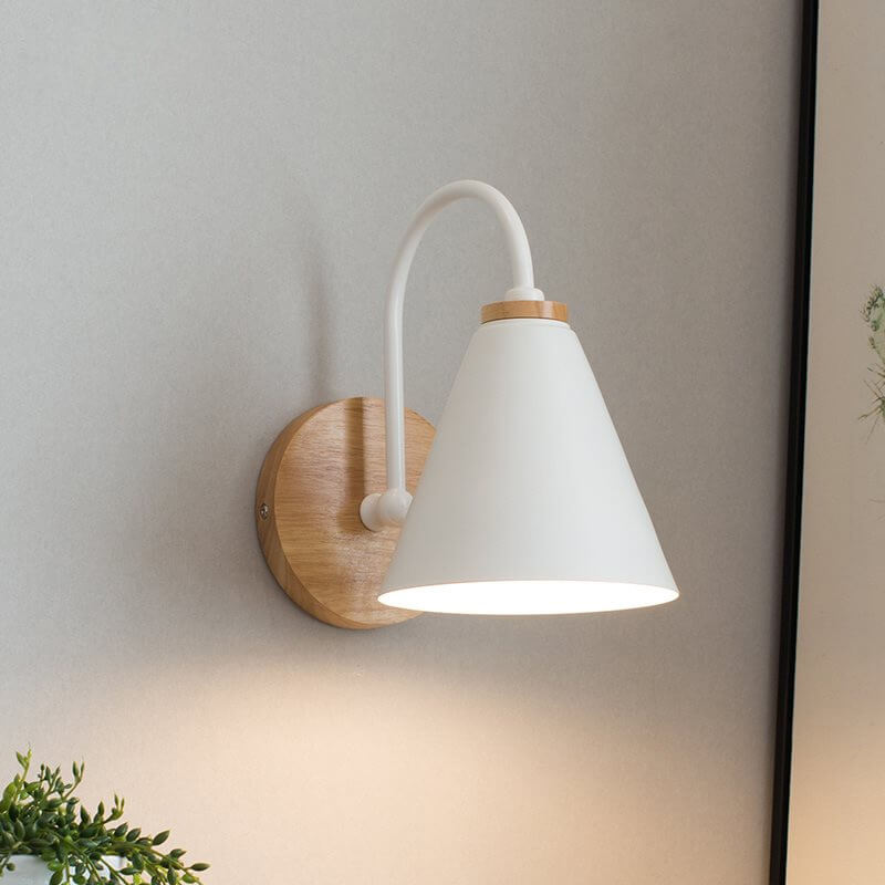 Modern Minimalist Cone Shade Wall Sconce Lamp - Wooden Base 1-Light Fixture