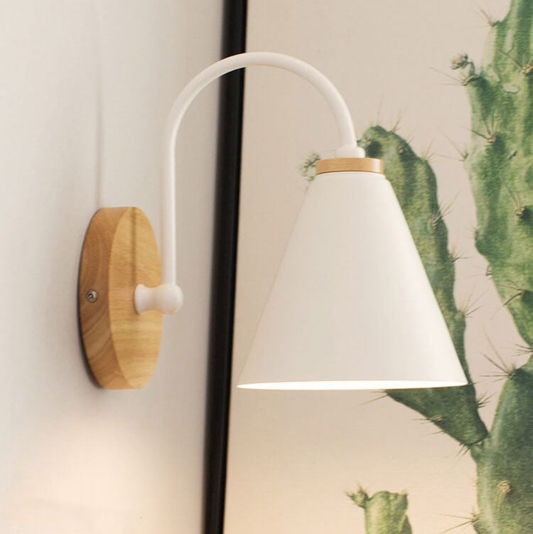 Modern Minimalist Cone Shade Wall Sconce Lamp - Wooden Base 1-Light Fixture
